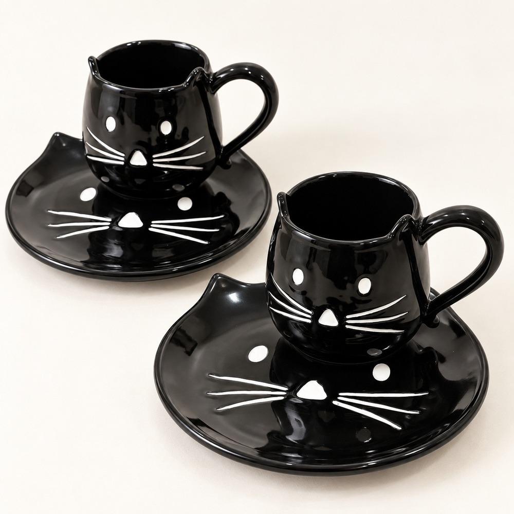Pottery Barn Black Cat Mugs & Dessert Plates Set of 4 Halloween Discontinued